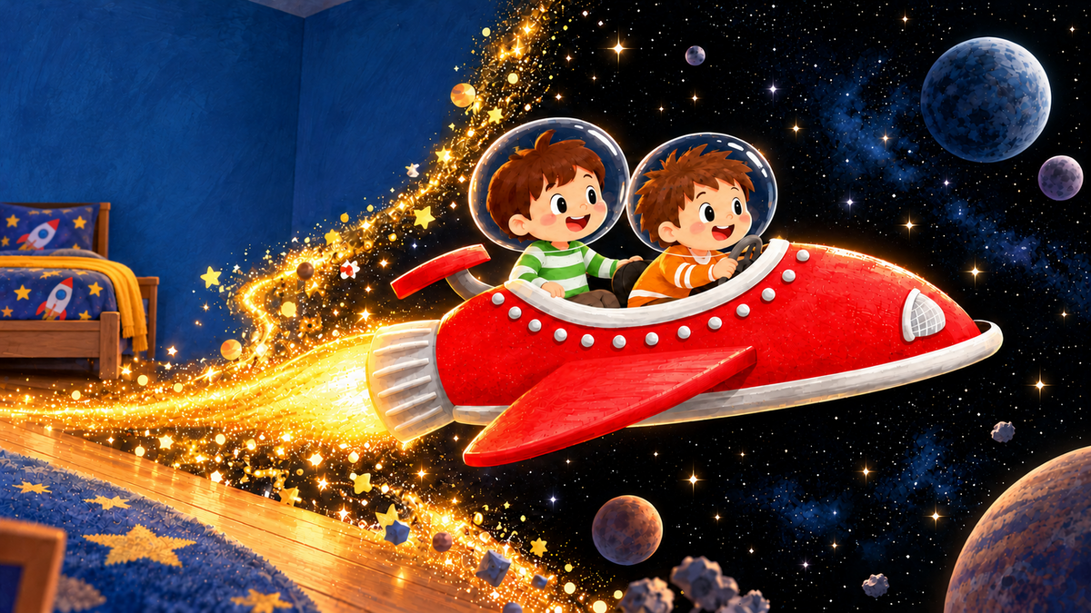 Neil and Ari launch their red spaceship from their bedroom into space